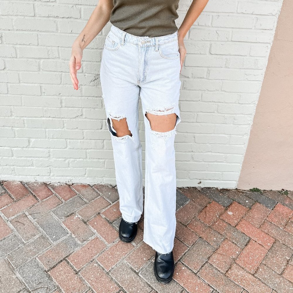 Wide Leg Ripped Denim Jeans